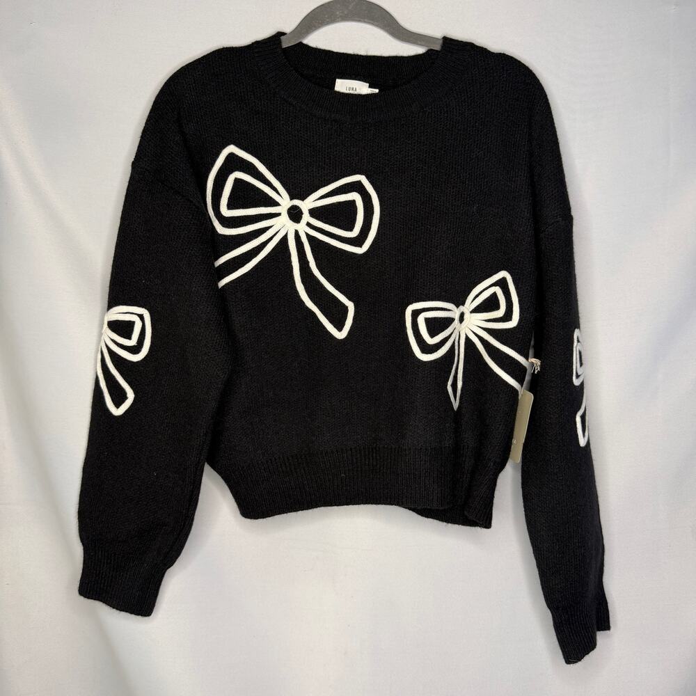 Luna Ivy NWT Black Knit Bow Sweater Large Coquette Ribbon Graphic Crewneck Top